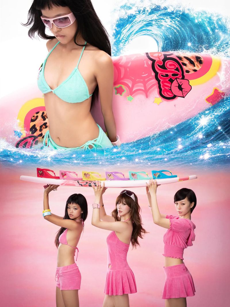 East Asian female models posing in pink beachwear and a mint bikini with surfboards and colorful sandals.
