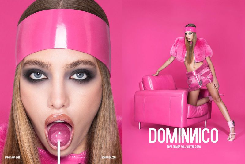 Fashion campaign diptych of a model in a glossy pink headband with a lollipop, and posing on a pink leather armchair.