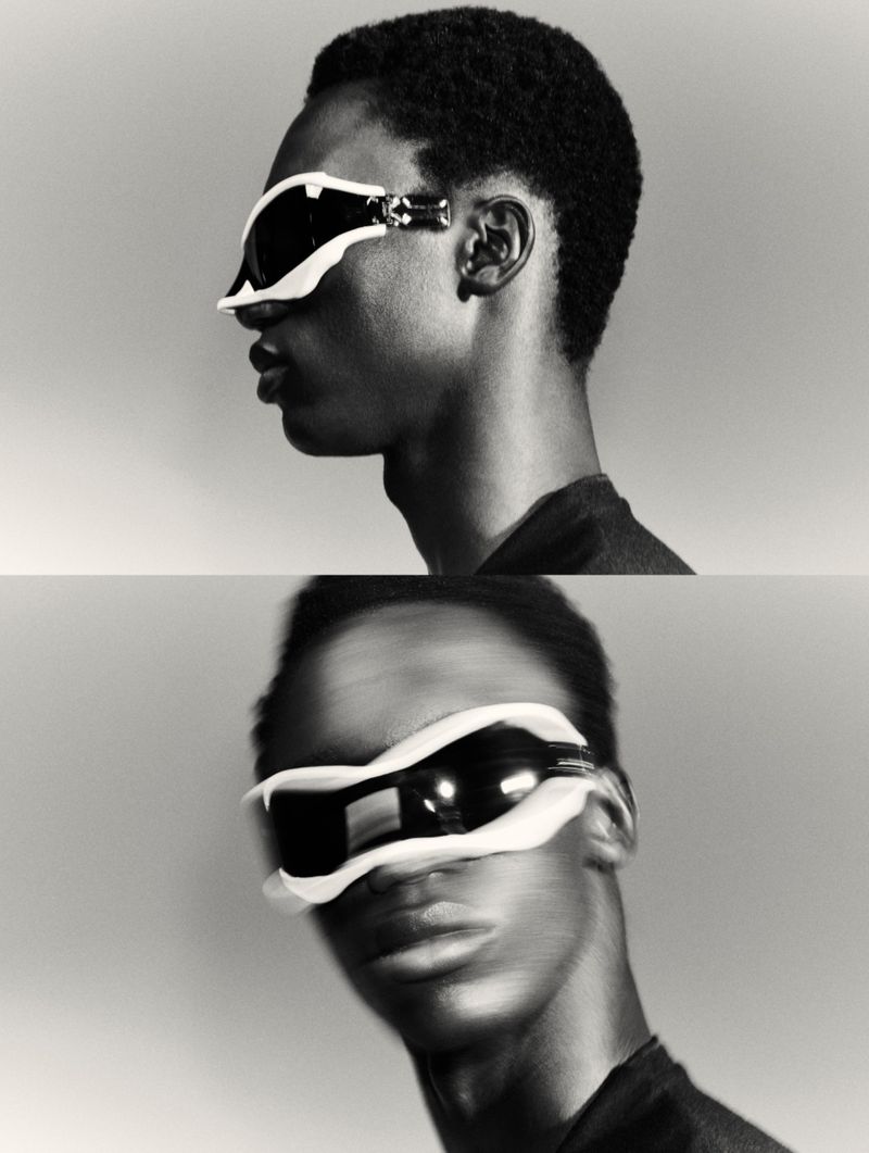 Black and white diptych portrait of model Baba Diagne wearing futuristic white visor sunglasses for Maison Margiela.