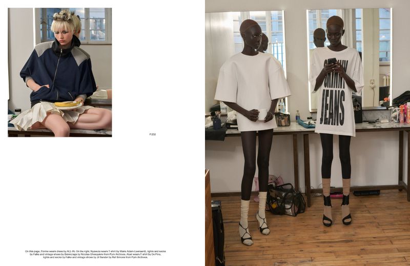 Editorial fashion spread showcasing two African models in oversized t-shirts and a Caucasian woman in sporty attire, with studio setting.