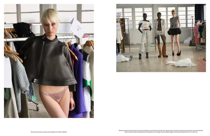 Fashion editorial shot featuring a blonde model in a black leather jacket and underwear, along with other models in runway attire.
