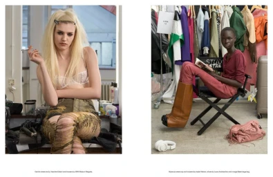 Fashion editorial spread with two models backstage, one seated at a makeup table and one resting in a chair beside a clothing rack.