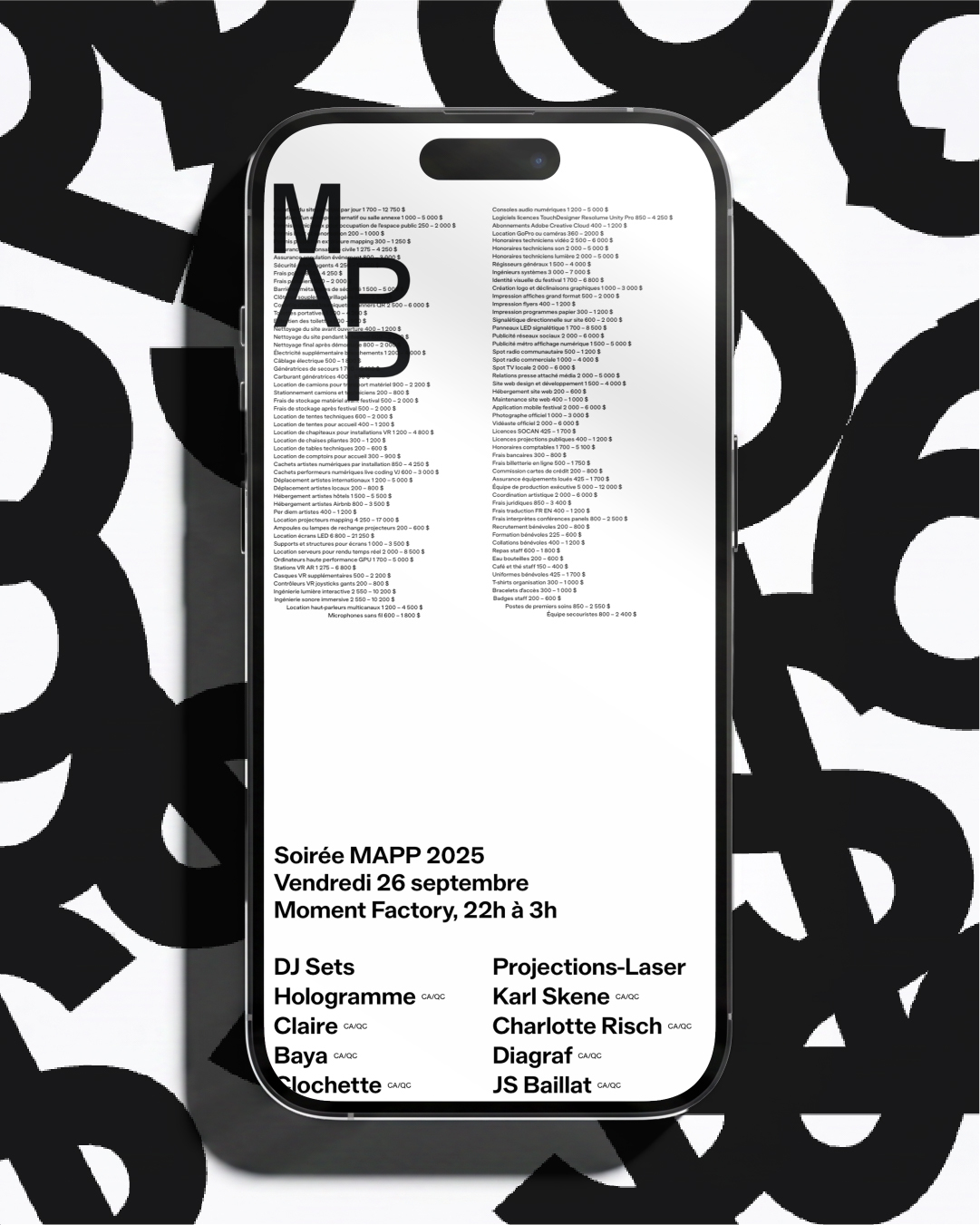 Smartphone mockup displaying a black and white MAPP event schedule against a bold typographic patterned background.
