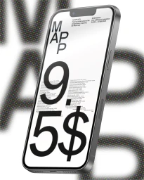A metallic smartphone floating at an angle displaying bold black festival typography on a white screen over a blurred graphic backdrop.
