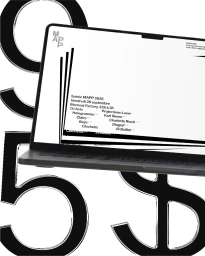Laptop displaying a minimalist black and white event schedule website for MAPP surrounded by oversized typography.