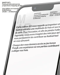 Close-up of a smartphone screen displaying French typography and digital layout for the MAPP MTL festival brand identity.