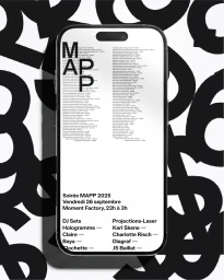Smartphone mockup displaying a black and white MAPP event schedule against a bold typographic patterned background.