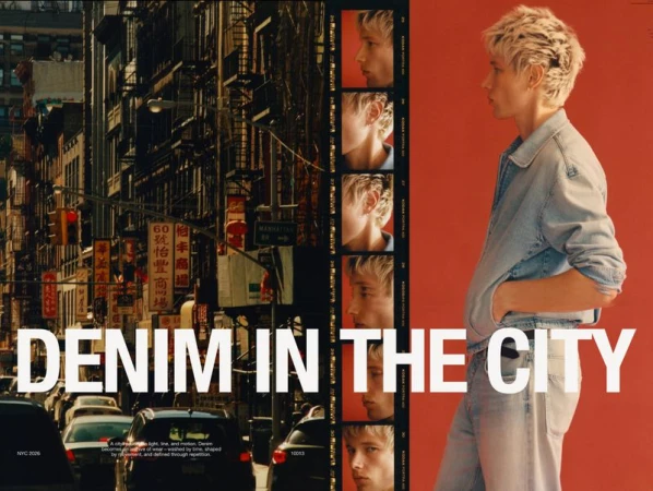 Zara Denim in the City campaign layout showing a model in light wash denim, a 35mm film strip, and an NYC street view.