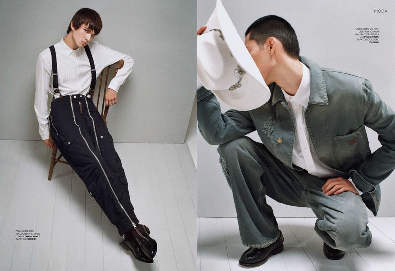Two male models posing in a fashion spread for Marie Claire Argentina with studio lighting and white seamless background.