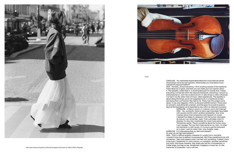 Black-and-white fashion shot of a woman in a long dress walking in a city street next to a close-up of a violin in its case.