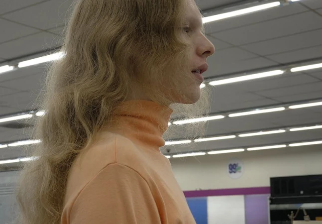 Profile portrait of a long-haired model wearing a peach turtleneck sweater inside a brightly lit retail store interior.