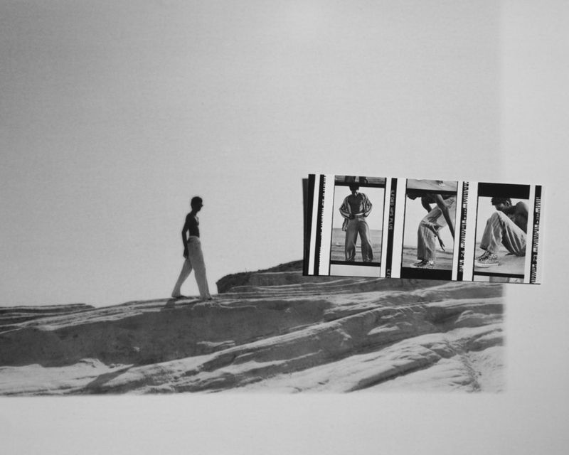 A man walks on a rocky landscape next to film strips with images of people on the beach, presented in a black and white photograph.
