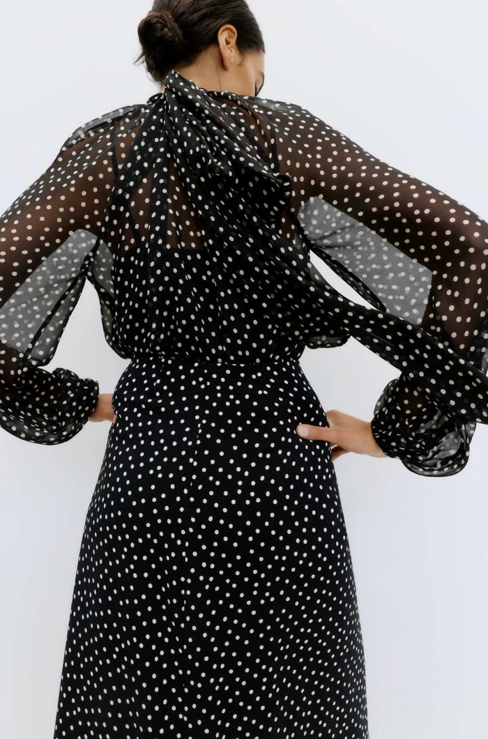 Rear view of a model in a black and white polka dot dress with sheer balloon sleeves against a white backdrop.