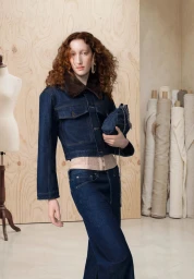Model Lorna Foran poses in a dark denim jacket and matching jeans holding a small denim bag in a studio with fabric rolls.