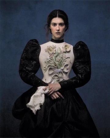 Portrait of Daisy Edgar-Jones in a structured black and white floral bodice dress against a dark blue textured background.
