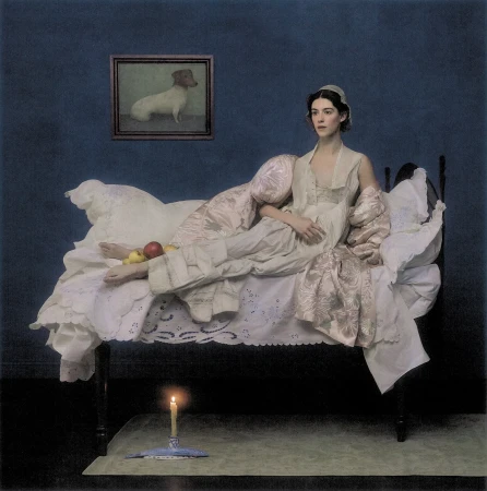 Daisy Edgar-Jones reclining on a white draped bed against a deep blue wall for British Vogue August 2026 cover.