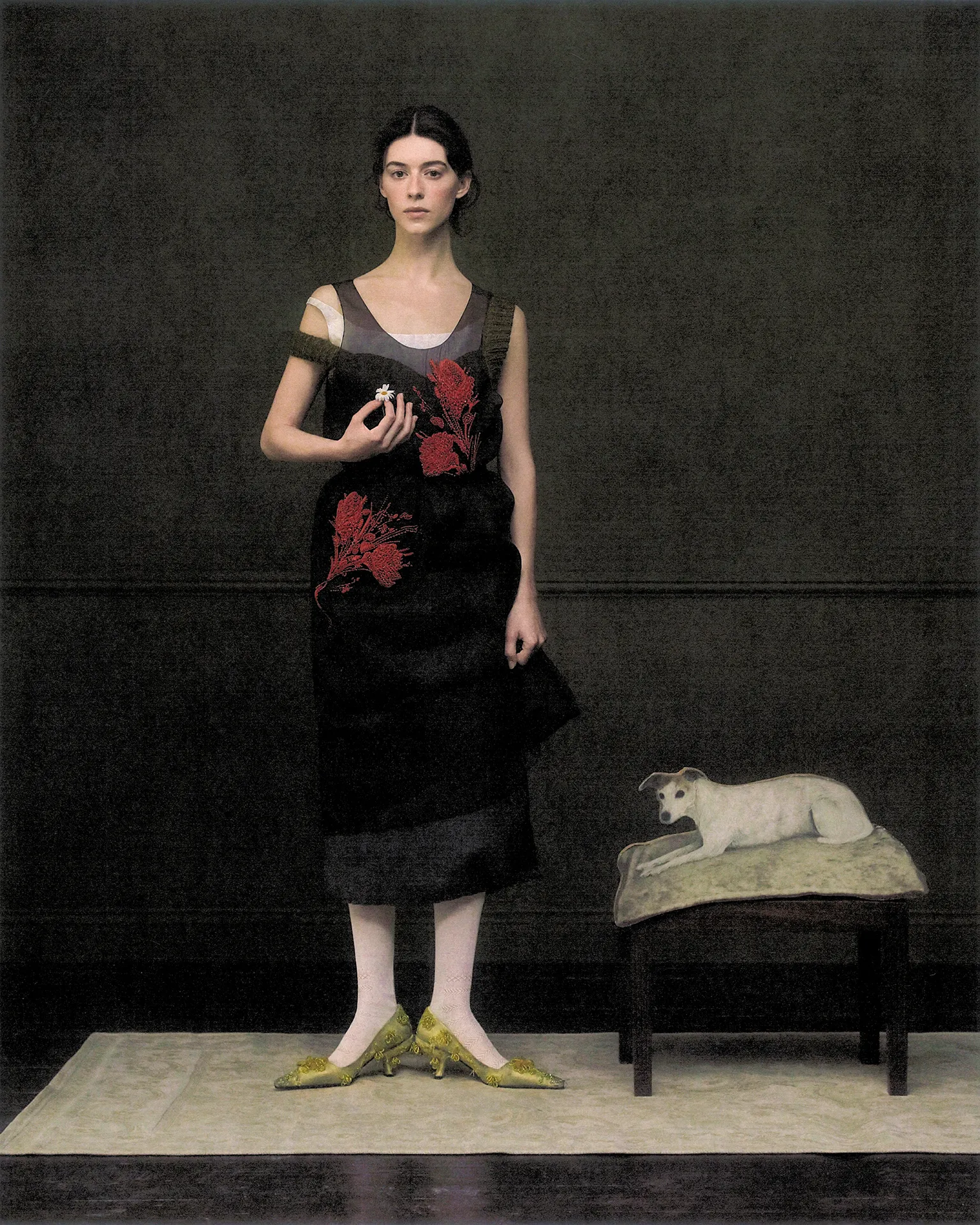 Portrait of actor Daisy Edgar-Jones wearing a black dress with red floral embroidery, standing beside a small white dog resting on a stool.
