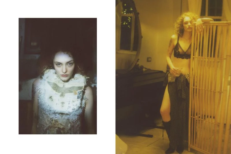 Two indoor portraits of a woman, one wearing a white garment with bird imagery, and another in black lingerie and skirt.
