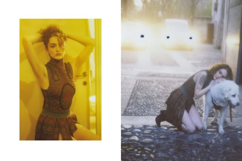 Collage-style fashion shot featuring a woman in a patterned dress indoors and a woman with a dog on a cobblestone street.