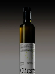 Dark glass bottle of Olicatessen olive oil with a white typographic label against a gradient studio backdrop.