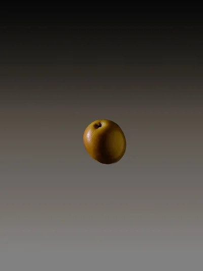 A single whole olive floating in the center of the frame against a smooth dark-to-light grey gradient background.