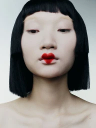 Beauty editorial portrait of model Zuoye with a black blunt bob haircut, bleached eyebrows, and heart-shaped red lipstick.