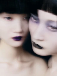 Close-up portrait of two women with straight black bangs, pale skin, and bold dark purple and black lipstick in soft blur.
