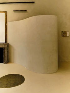 Minimalist interior with a curved beige plaster wall divider, smooth light flooring, and an organic dark circular floor inlay.