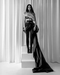 Full-length black and white portrait of Maddie Ziegler posing on white steps against draped curtains for DSECTION Magazine.