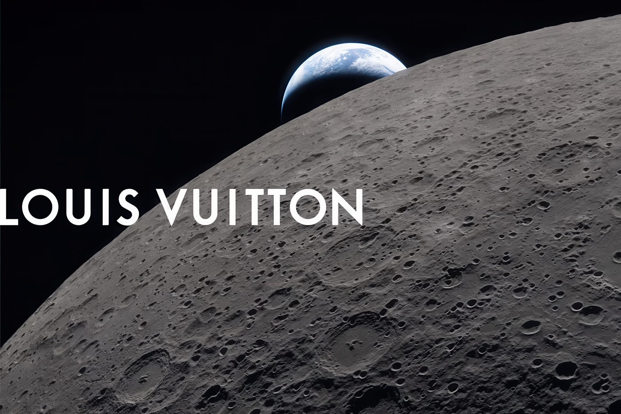 Lunar surface with visible craters and Earth rising in space with the Louis Vuitton text overlay.