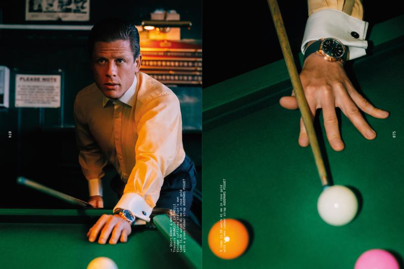 Actor James Norton leaning over a green pool table aiming a cue stick in a magazine editorial diptych.