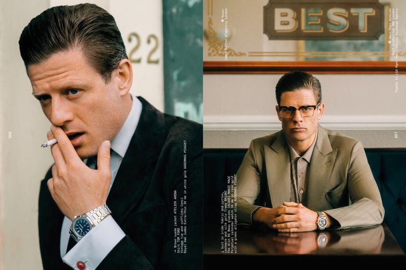 Actor James Norton in a two-page editorial spread, smoking a cigarette on the left and seated in a tailored tan suit on the right.