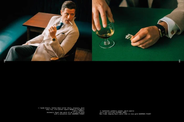 Editorial diptych of James Norton in a beige tailored jacket holding a cigarette, alongside a close-up of hands with a drink and watch.