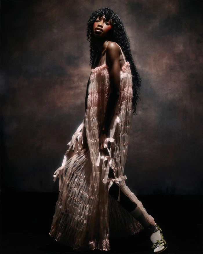 Model Rosario Saidi posing in a sheer blush pink textured ribbon dress against a dark mottled backdrop for PAP Magazine.