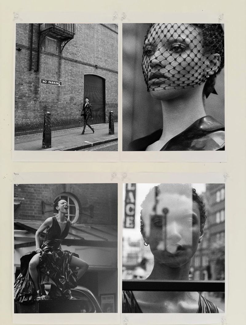 Four black and white fashion editorial photographs arranged in a grid featuring model Georgia Palmer in dramatic urban settings.