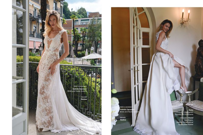 Two editorial photographs of a female model wearing white lace bridal gowns against outdoor and indoor luxury hotel backdrops.