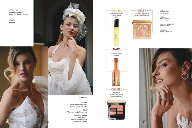 Magazine editorial beauty spread featuring portraits of a model in bridal couture alongside luxury cosmetics and product details.