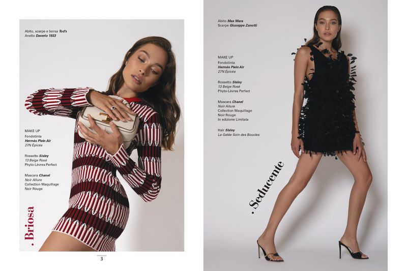 Fashion magazine editorial spread featuring a woman posing in a patterned knit mini dress and a black feather mini dress.