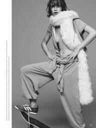 Model Mathilda Gvarliani posing with one foot on a skateboard in grey sweatpants and a fluffy white scarf against a grey backdrop.
