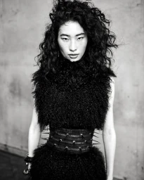 Model He Jing wearing a textured black shearling top and spiked leather belt in a black and white portrait.