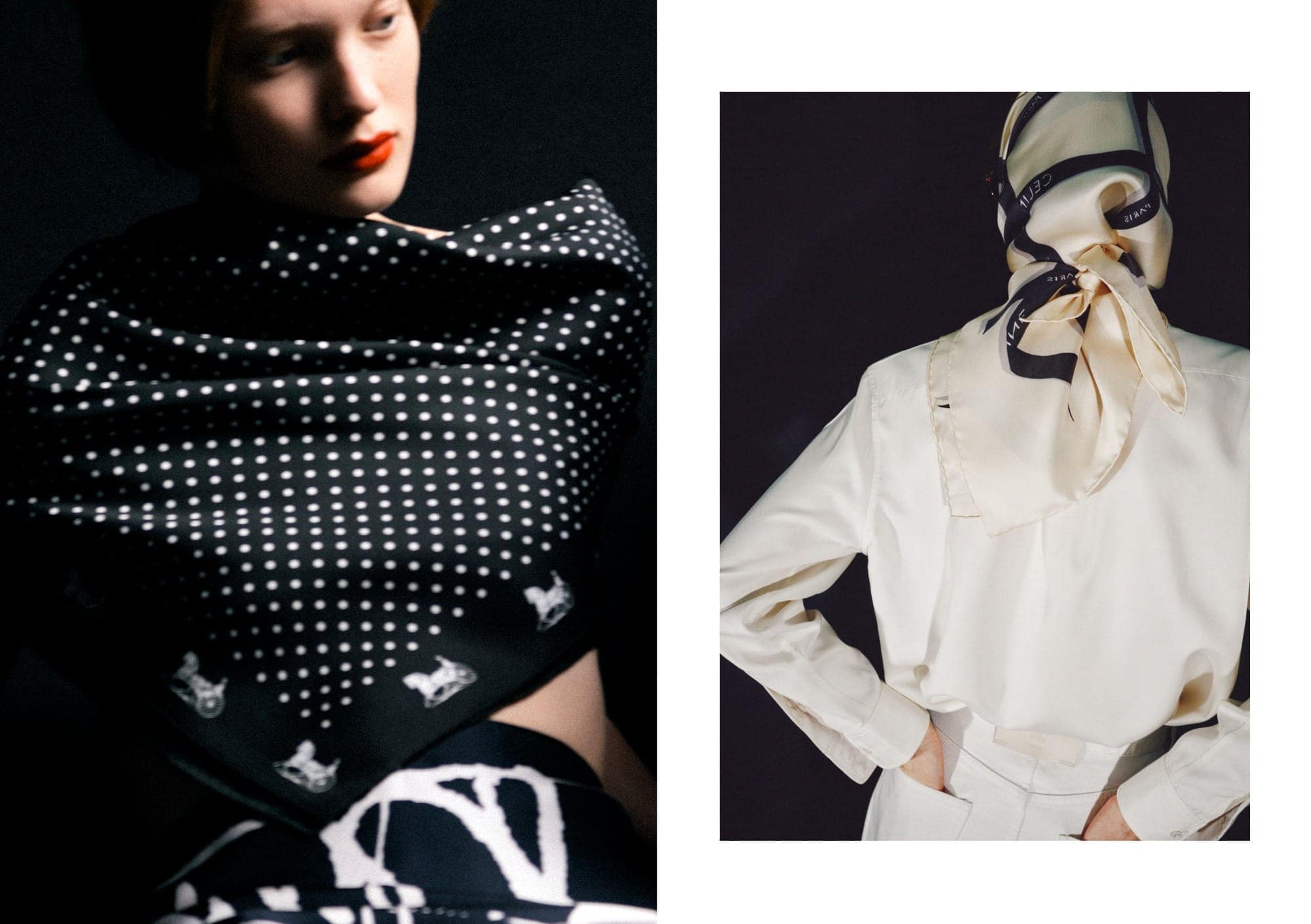 Diptych featuring a model in a black polka dot silk scarf alongside a model seen from behind in a cream silk headscarf.