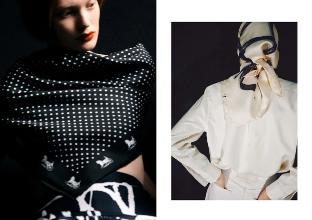 Diptych featuring a model in a black polka dot silk scarf alongside a model seen from behind in a cream silk headscarf.