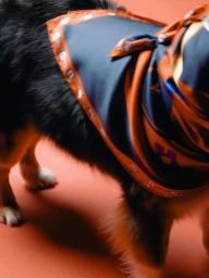 Close-up of a dog wearing a patterned silk scarf draped over its back against a solid terracotta studio backdrop.