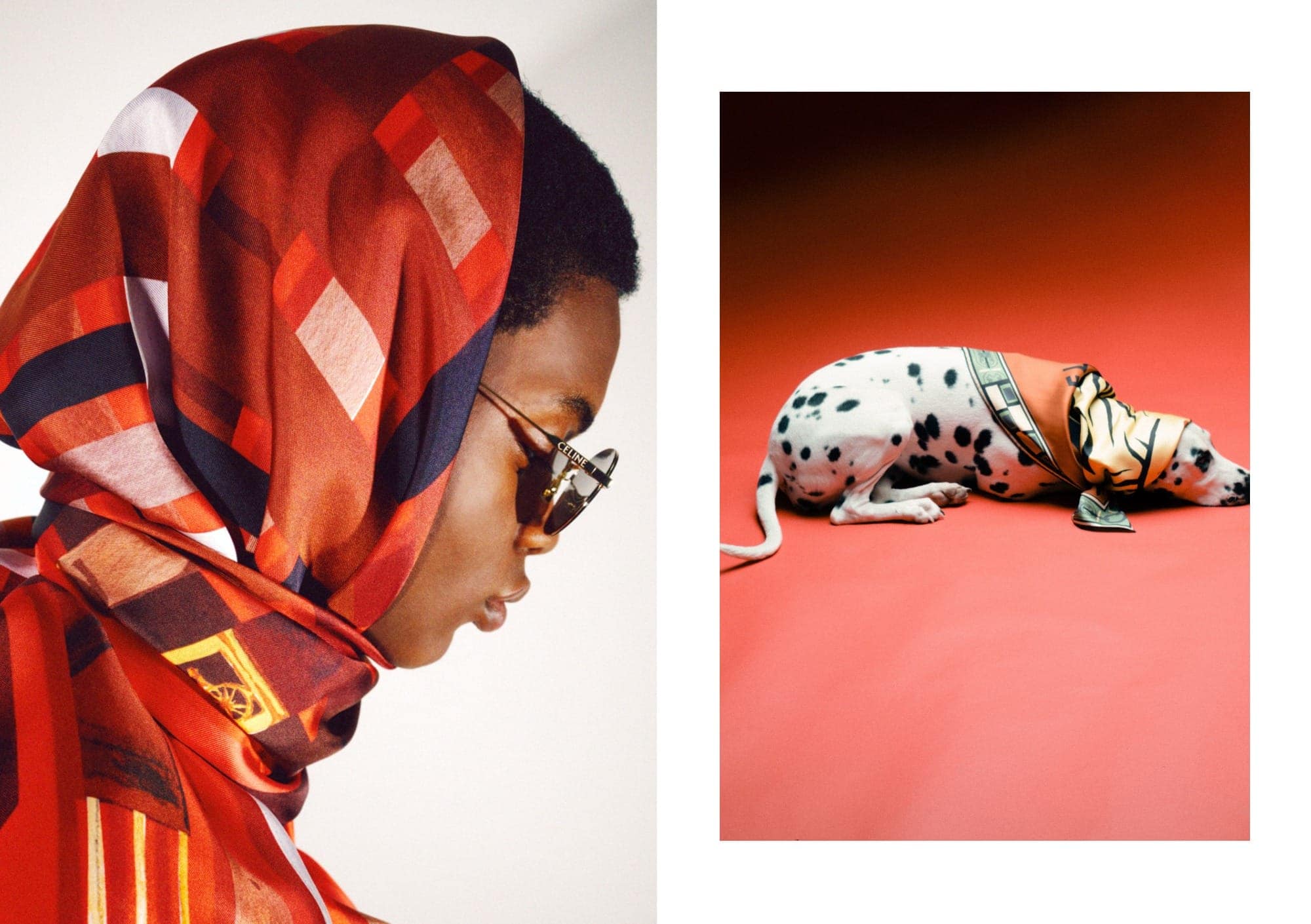 Diptych of a Black woman wearing a printed silk scarf and sunglasses beside a Dalmatian dog draped in a silk scarf.