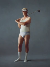 Actor Will Ferrell posing in a white tank top and briefs while holding a golf club against a grey studio backdrop.