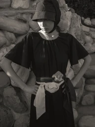 Model in a black dress and matching hat posing against a textured stone wall for Merlette Pre Fall 2025 campaign.