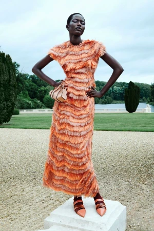 A slender woman poses in an orange fringed dress with a purse outdoors on a sunny day against a backdrop of a lawn and trees.