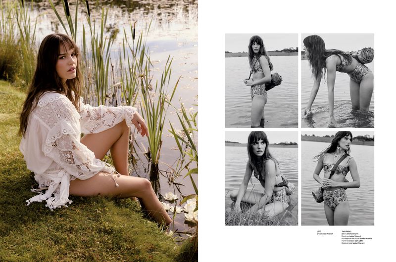 Model Dee Zowislo posing by a reed-lined lake in a white lace blouse alongside a grid of black and white swimwear portraits.