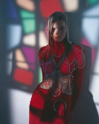 Model Sofia Mathiassen in a red high-neck dress and intricate silver chainmail body harness with a matching chain headpiece.