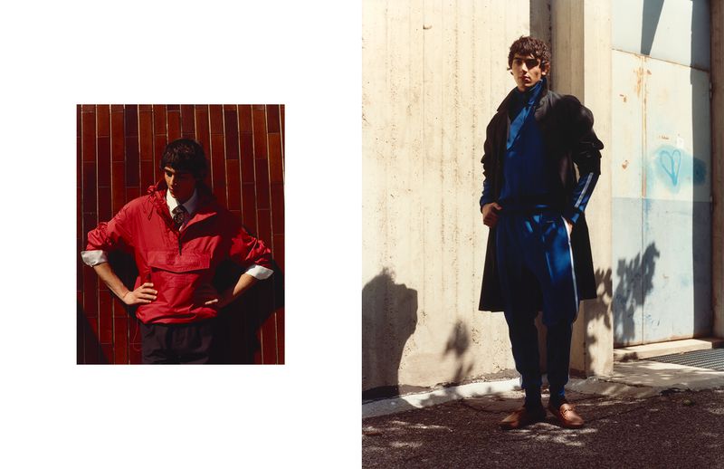 Editorial diptych of model Christian Mammana in a red jacket on the left and a blue tracksuit under a black coat on the right.
